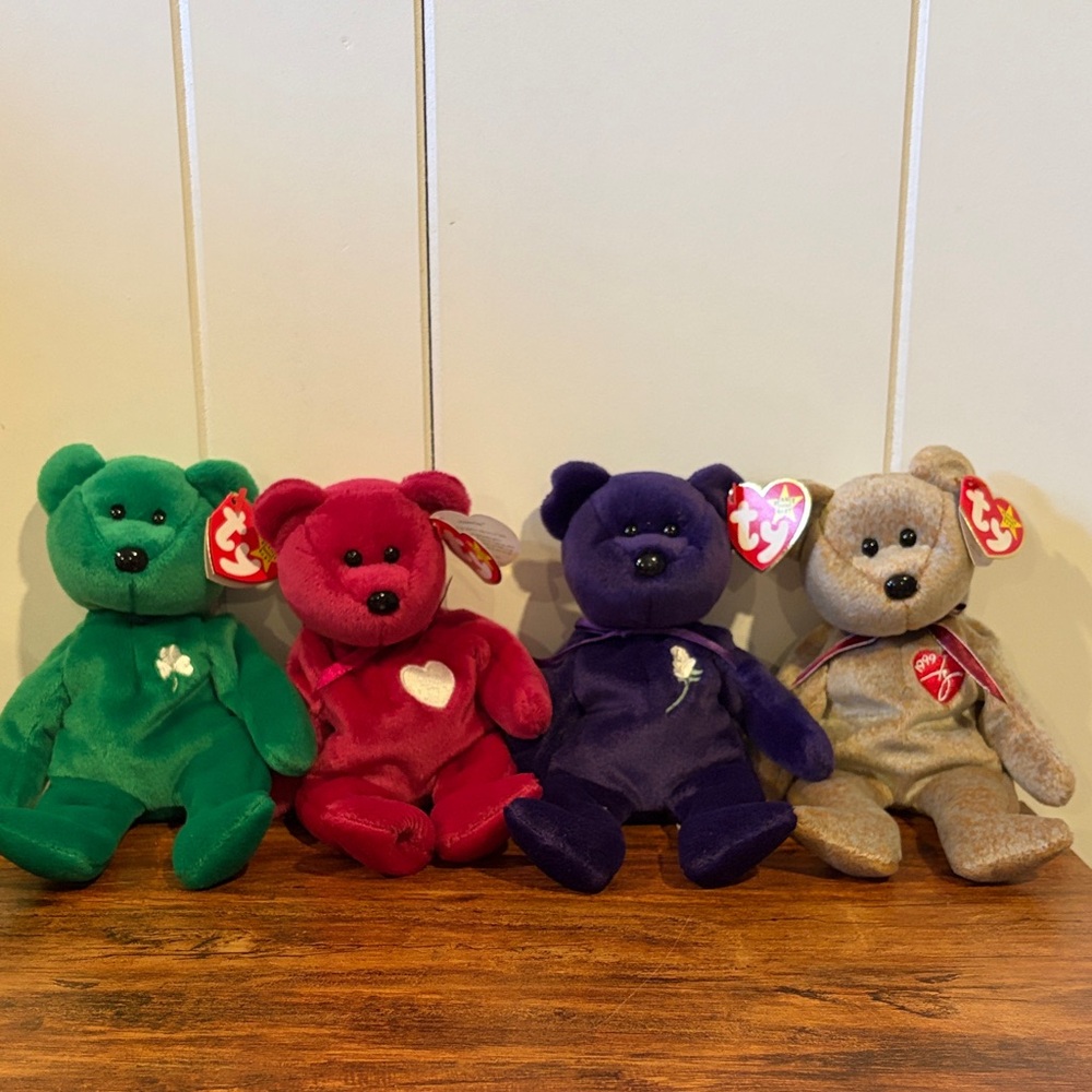 Ty Beanie Babies Plush Bear Collection - Green, Red, Purple, and Tan